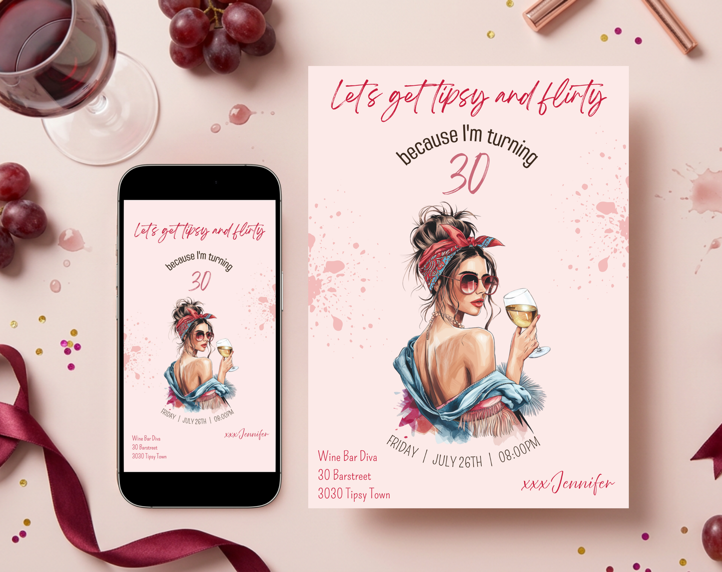 Tipsy & Flirty 30th Birthday Invitation Template | Editable Canva Template | 5x7in & WhatsApp | Digital Download
