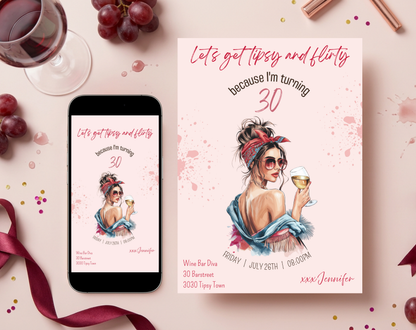 Tipsy & Flirty 30th Birthday Invitation Template | Editable Canva Template | 5x7in & WhatsApp | Digital Download