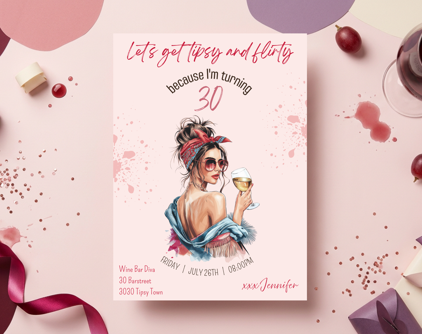 Tipsy & Flirty 30th Birthday Invitation Template | Editable Canva Template | 5x7in & WhatsApp | Digital Download