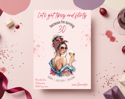 Tipsy & Flirty 30th Birthday Invitation Template | Editable Canva Template | 5x7in & WhatsApp | Digital Download