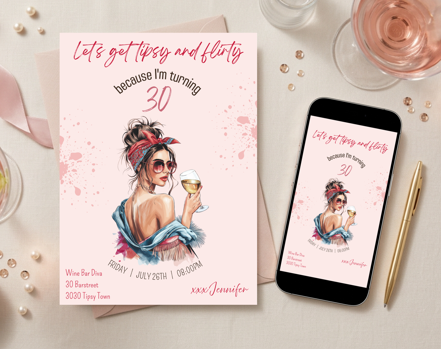 Tipsy & Flirty 30th Birthday Invitation Template | Editable Canva Template | 5x7in & WhatsApp | Digital Download