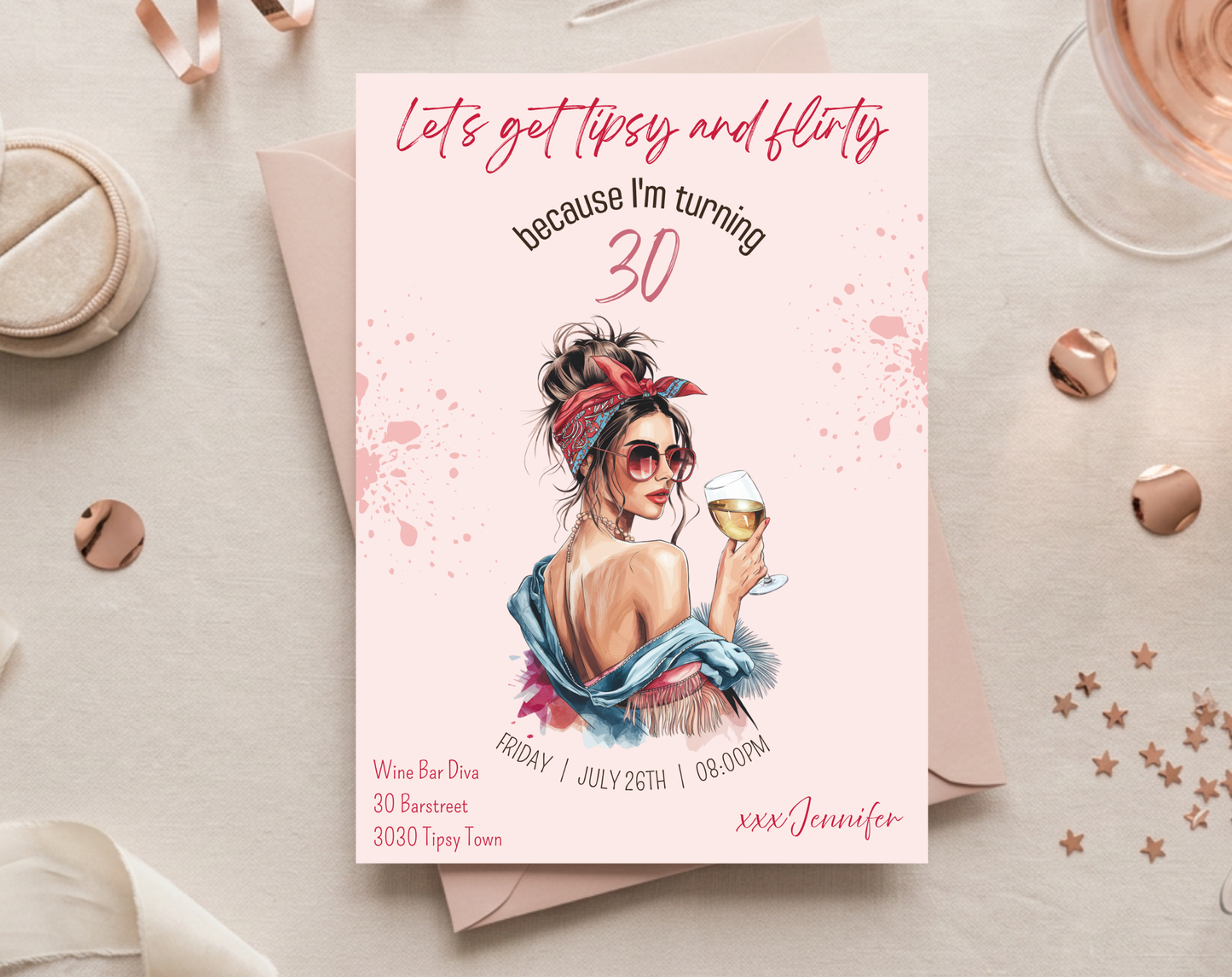 Tipsy & Flirty 30th Birthday Invitation Template | Editable Canva Template | 5x7in & WhatsApp | Digital Download