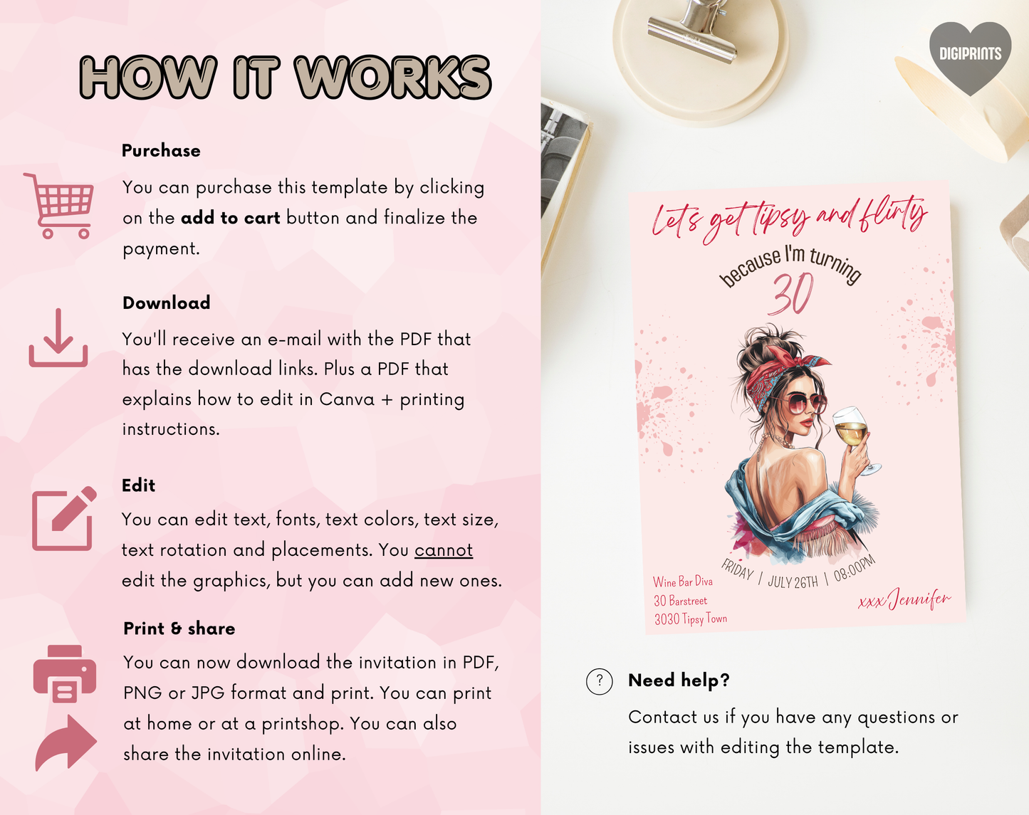 Tipsy & Flirty 30th Birthday Invitation Template | Editable Canva Template | 5x7in & WhatsApp | Digital Download