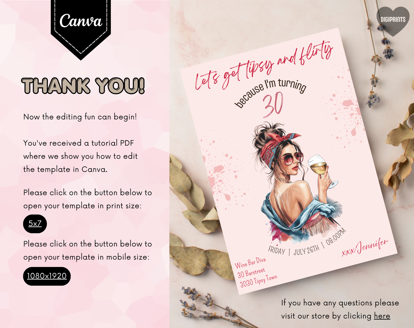 Tipsy & Flirty 30th Birthday Invitation Template | Editable Canva Template | 5x7in & WhatsApp | Digital Download