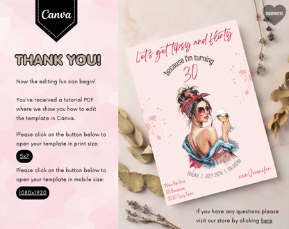Tipsy & Flirty 30th Birthday Invitation Template | Editable Canva Template | 5x7in & WhatsApp | Digital Download