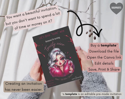 29th Birthday Wine Diva Invitation Template Black Edition | Editable Canva Template | 5x7in & WhatsApp | Digital Download