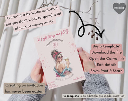 Tipsy & Flirty 30th Birthday Invitation Template | Editable Canva Template | 5x7in & WhatsApp | Digital Download