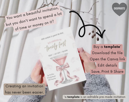 21st Birthday Cocktail Invitation Template | Editable Canva Template | 5x7in & WhatsApp | Digital Download