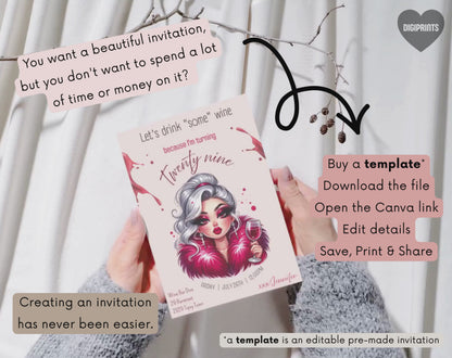 29th Birthday Wine Diva Invitation Template | Editable Canva Template | 5x7in & WhatsApp | Digital Download